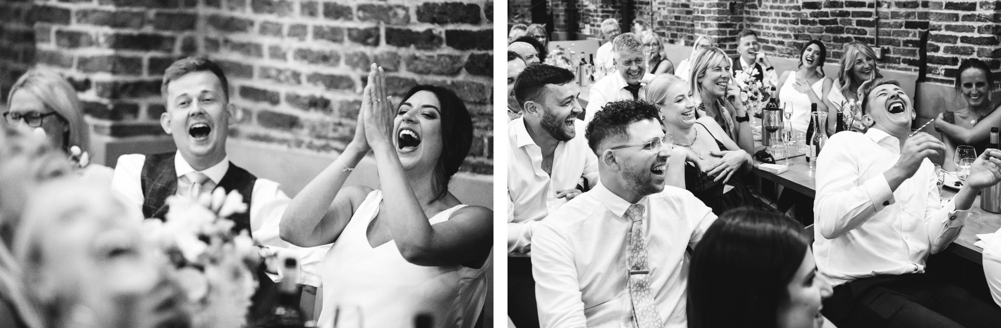 bride clapping and laughing, guest reactions to speeches