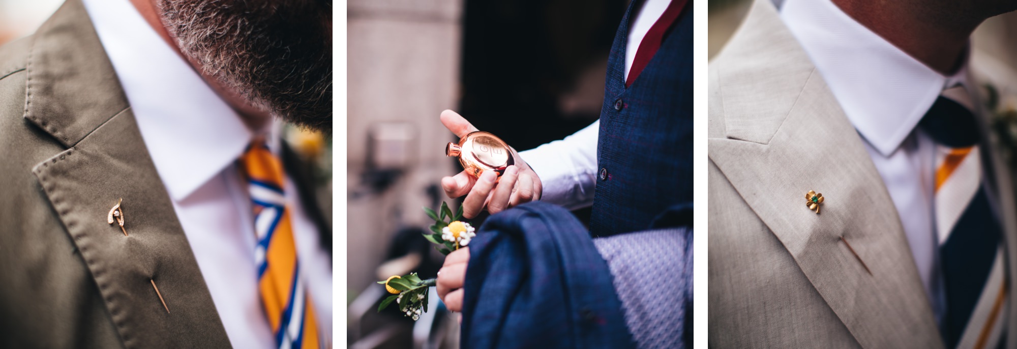 close groom wedding details, wedding suit lapel pins, hip flask