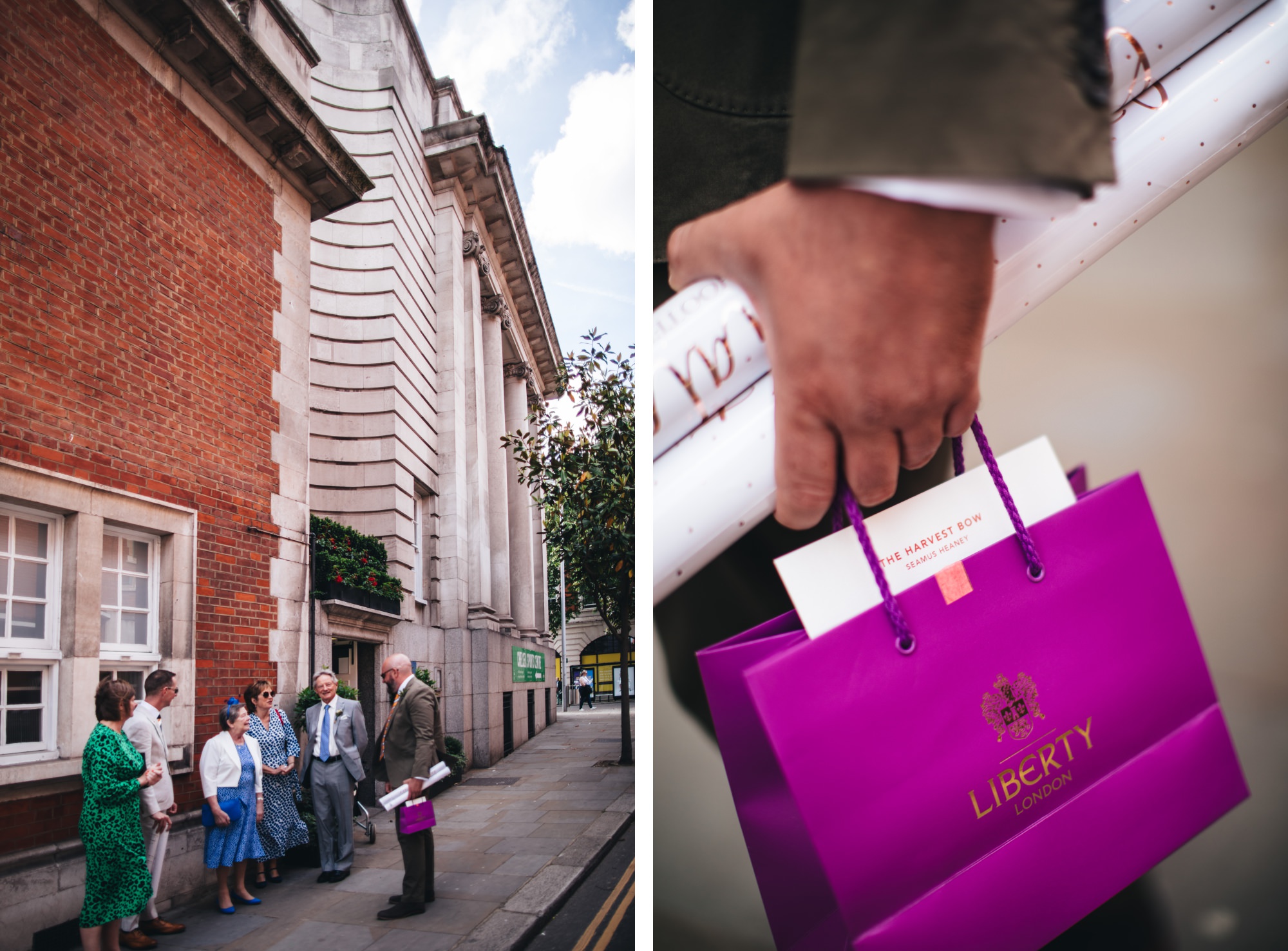 guests meeting exteriors Chelsea Old Town Hall, close Liberty London shopping bag wedding gift present and wrapping paper