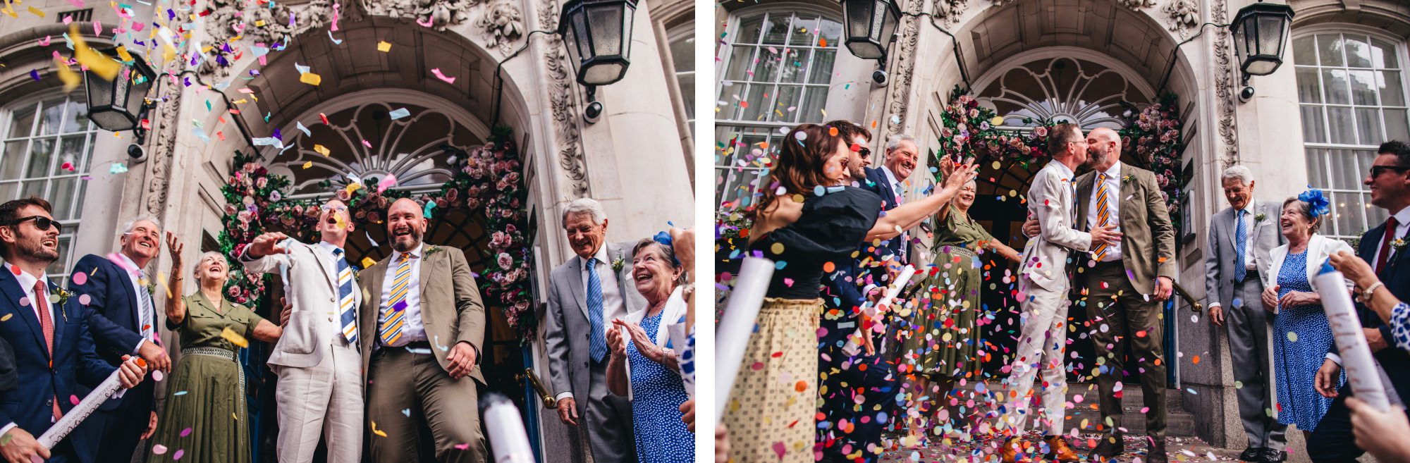 grooms kiss outside Chelsea Old Town Hall, confetti shot, London wedding