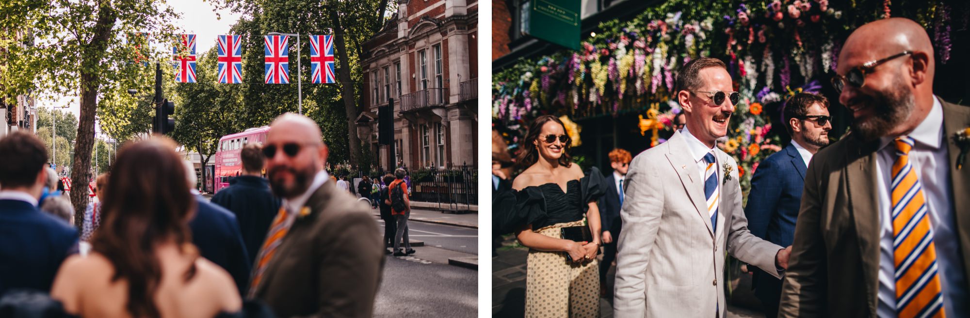 british flags, London bus, London wedding, grooms walking with guests