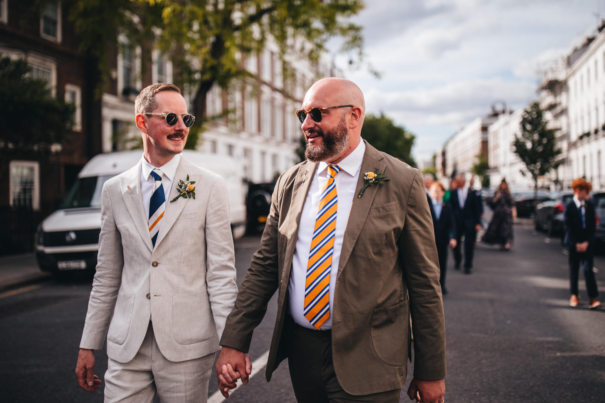 gay wedding, grooms walking down London street, London wedding, Chelsea wedding