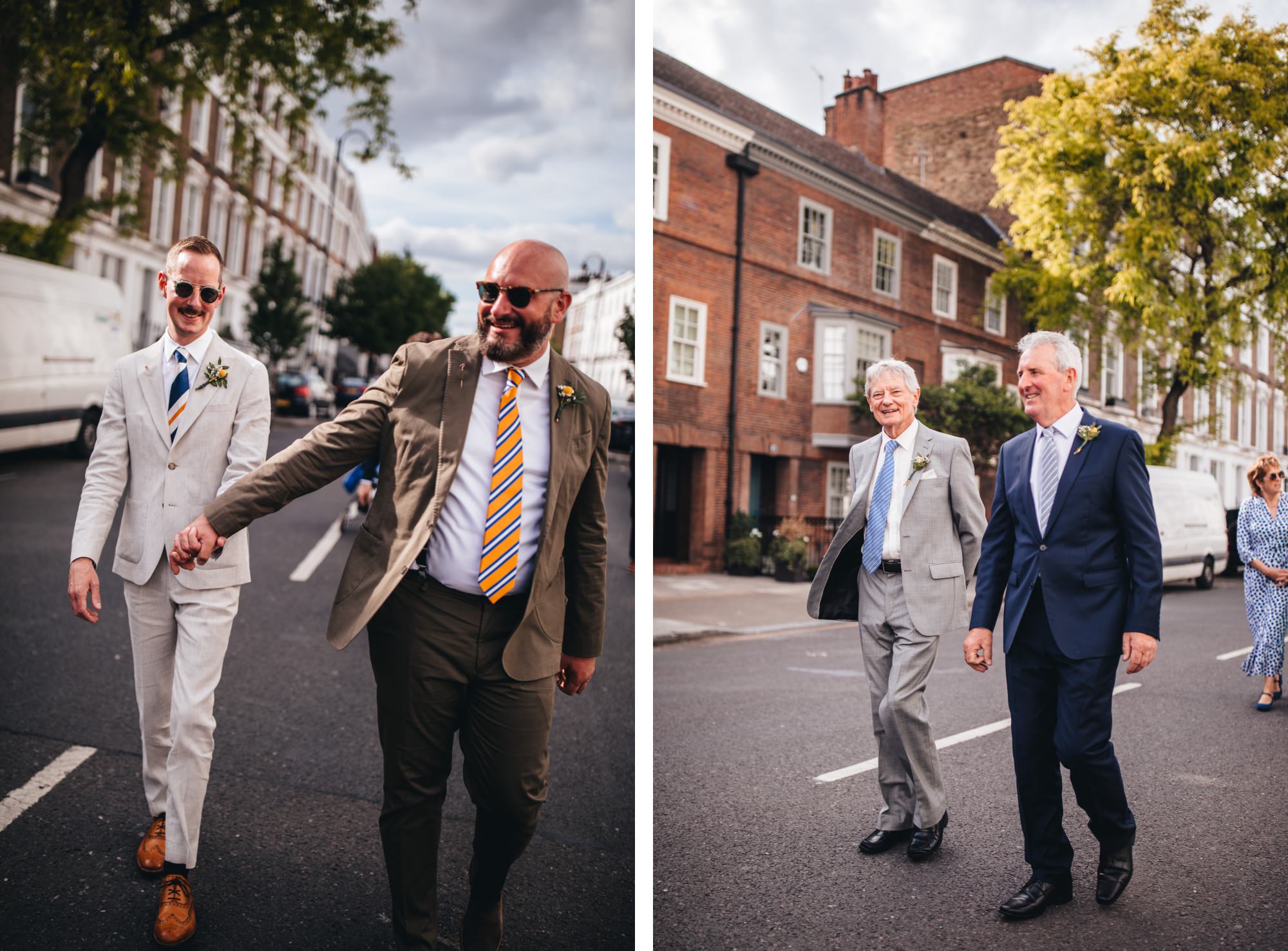 grooms walking together, fathers of the grooms, London wedding, LGBTQ+ wedding