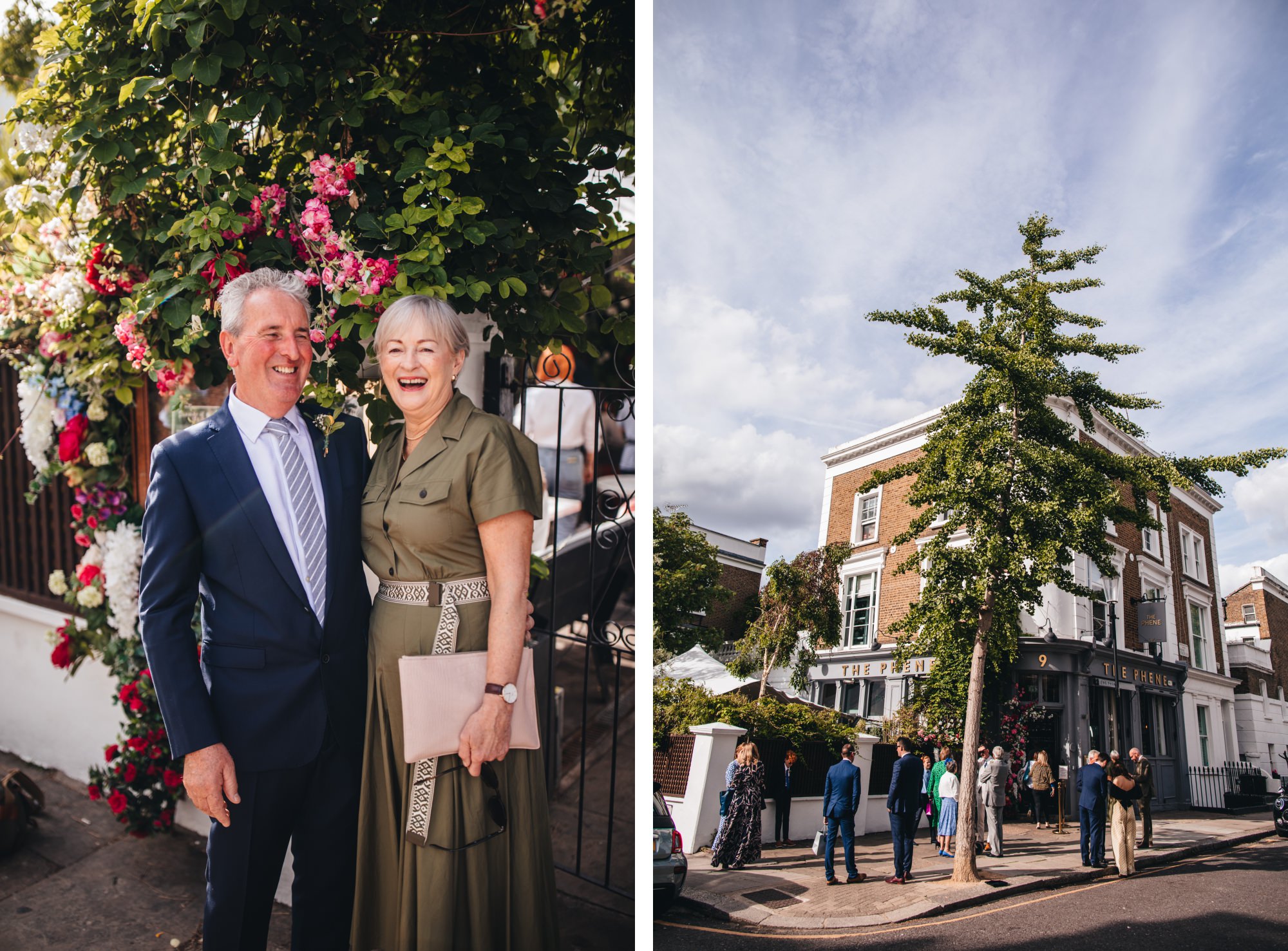 wedding guests outside The Phene pub exteriors, London wedding, Chelsea wedding