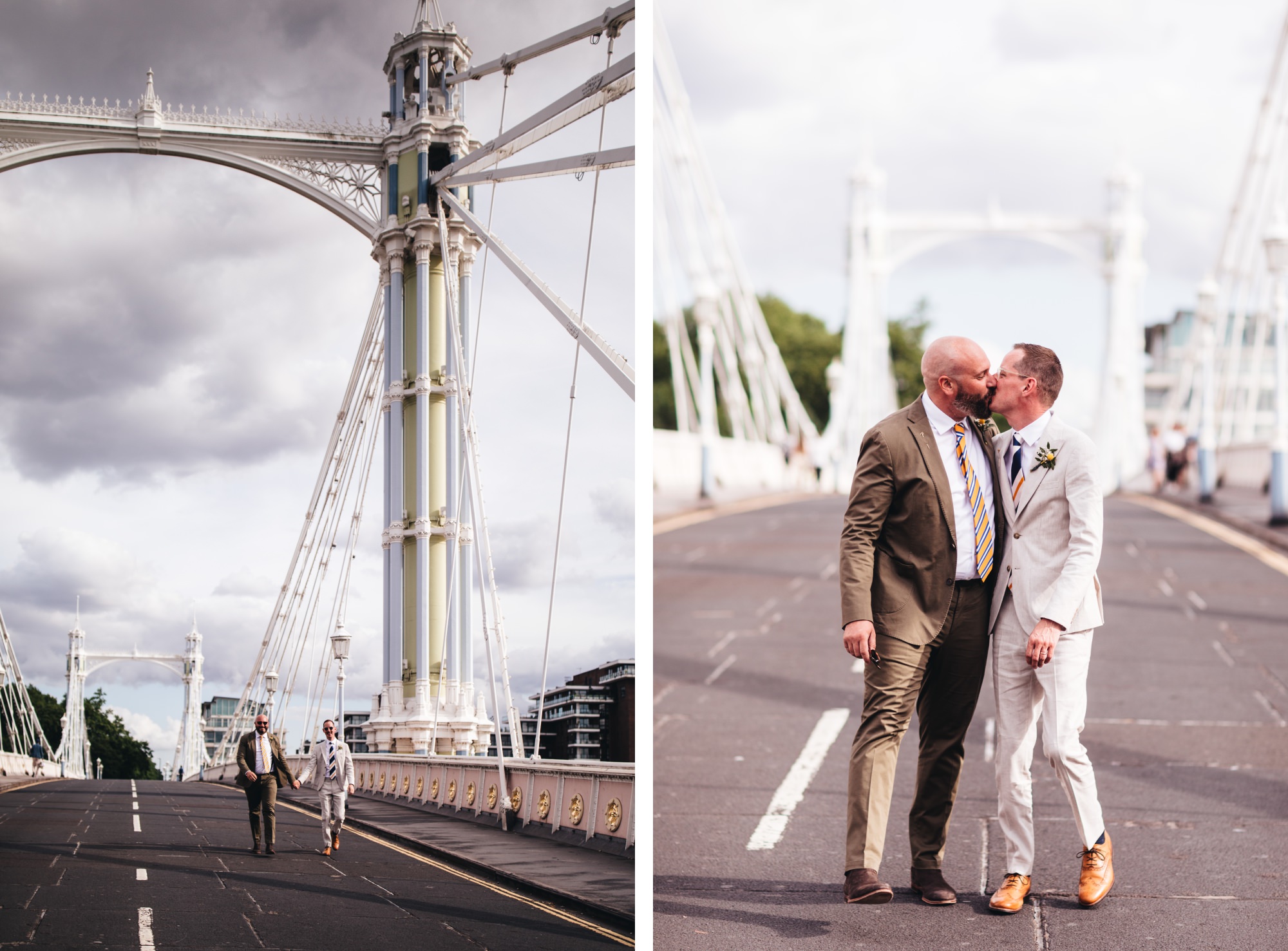 couple's shots, grooms kiss on Albert bridge, London wedding, LGBTQ+ wedding