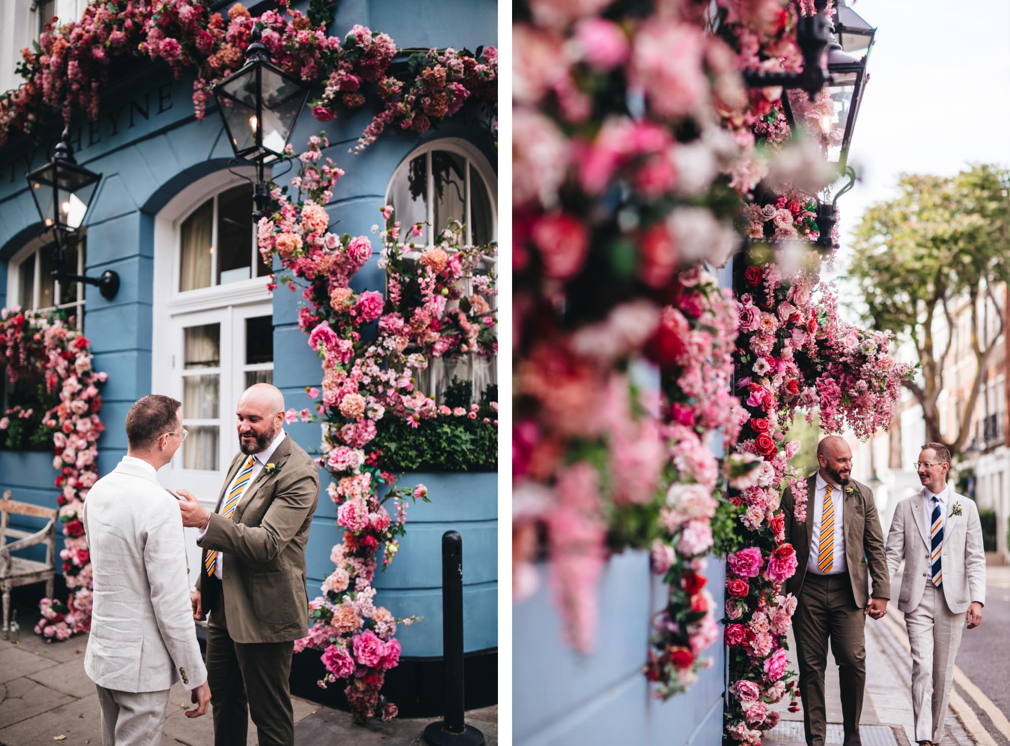 grooms walking together, London in bloom, Chelsea flowers, couple's shots, gay wedding