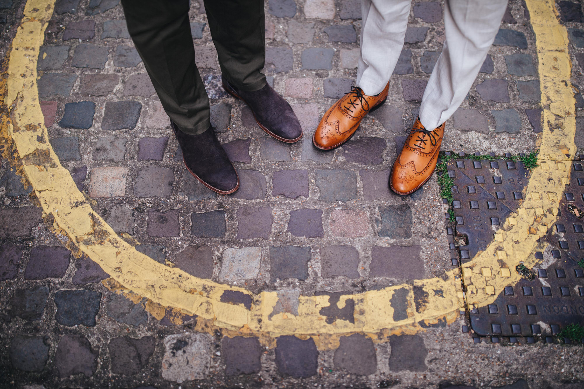 close grooms wedding shoes, cobbled London street, London wedding