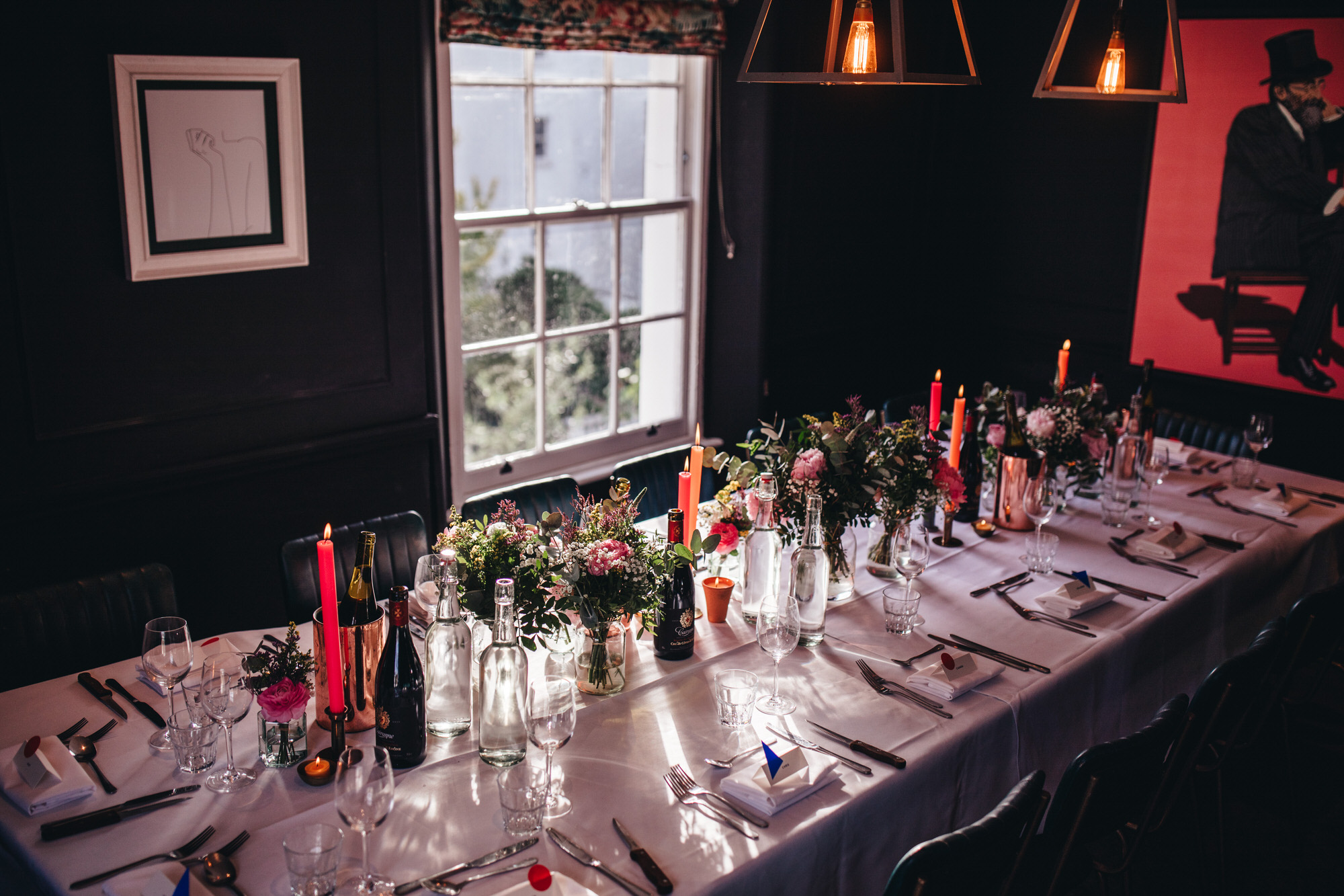 interiors pub wedding breakfast, London wedding bouquets, wedding details at The Phene in Chelsea